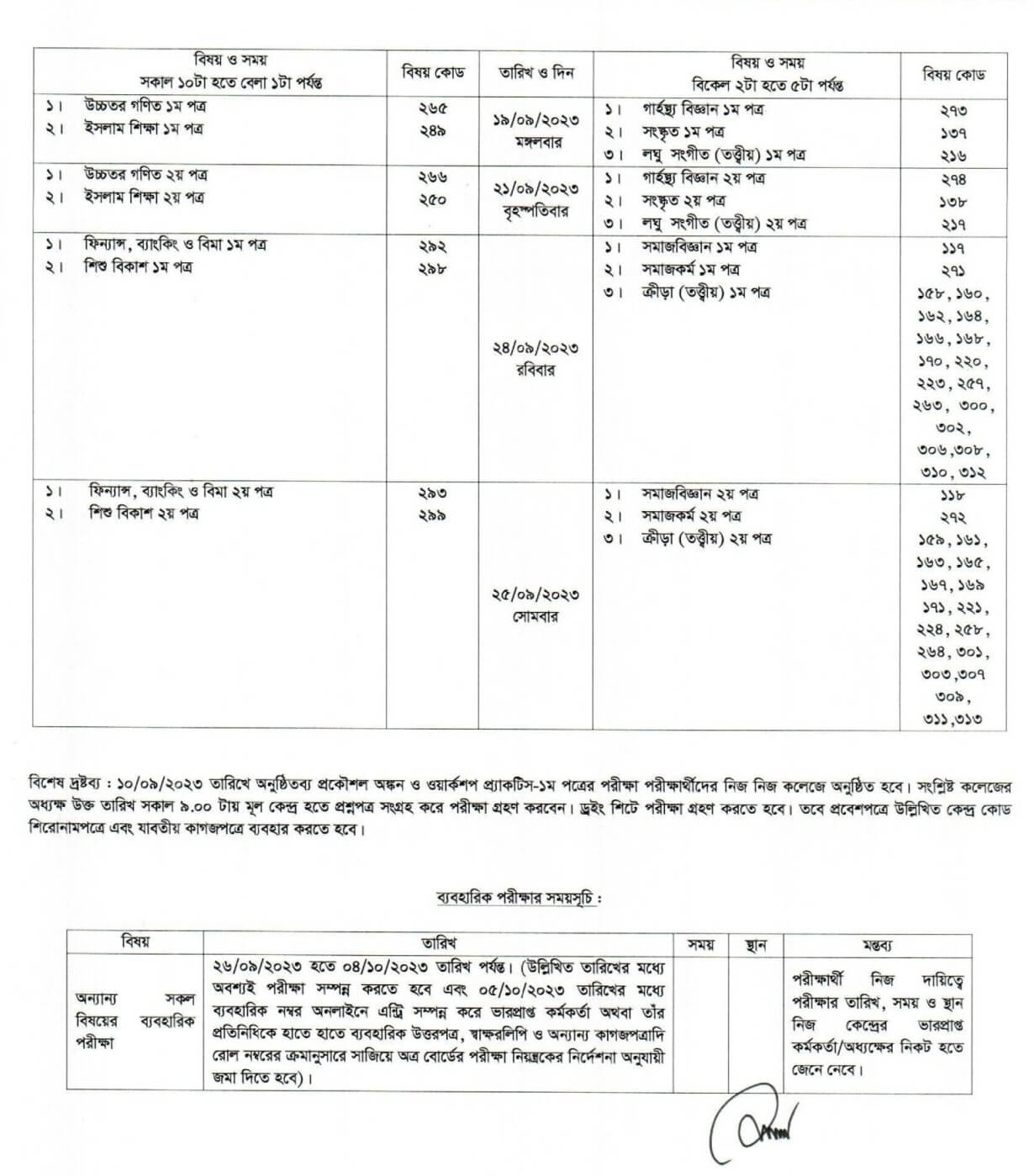 ২০২৩ সালের এইচএসসি পরীক্ষার রুটিন 